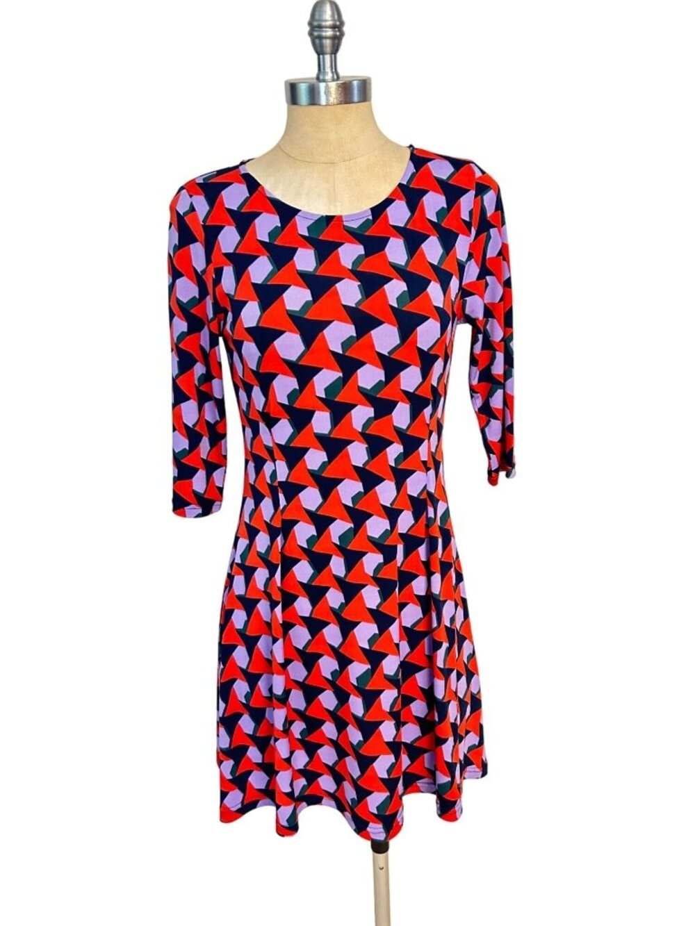 Tracy Negoshian Geometric Print Dress  3/4 Sleeve Stretch Dress Size XS